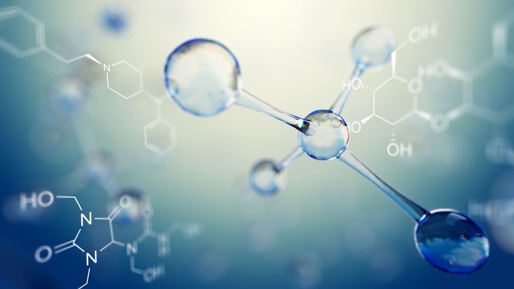 3d illustration of molecule model. Science background with molecules chemical formulas